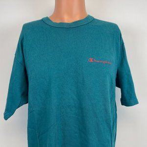 Champion Script Basic T Shirt Vintage 90s Teal Green Size L